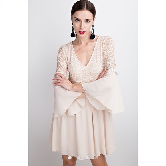 Taupe Textured Lace Bell Sleeve Dress - Picture 2 of 3